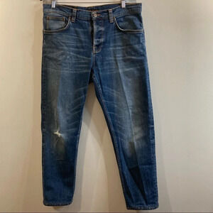 NUDIE Sz 33 Steady  Eddy II Indigo Shades Colour Button Fly Organic Cotton Jeans